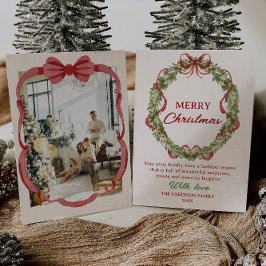 Vattenfärgad röd Grönt Bow-andedräkt Foto jul Julkort