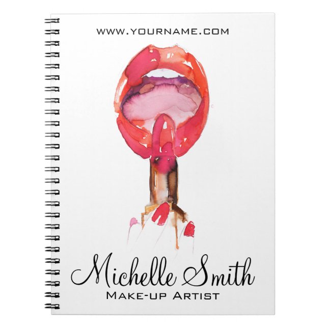 Vattenfärgad röd läppar och läppstift, makeup-varu anteckningsbok (Framsidan)