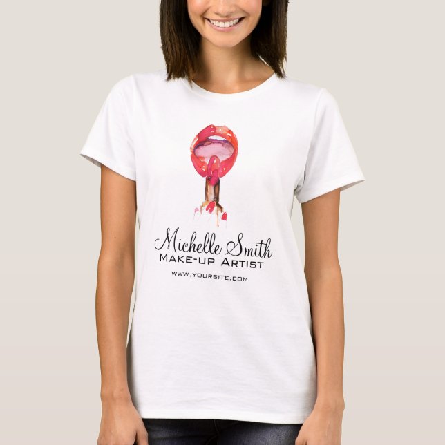 Vattenfärgad röd läppar och läppstift, makeup-varu t shirt (Framsida)