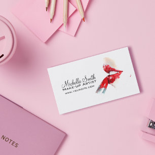 Vattenfärgad röd läppar och läppstift, makeup-varu visitkort
