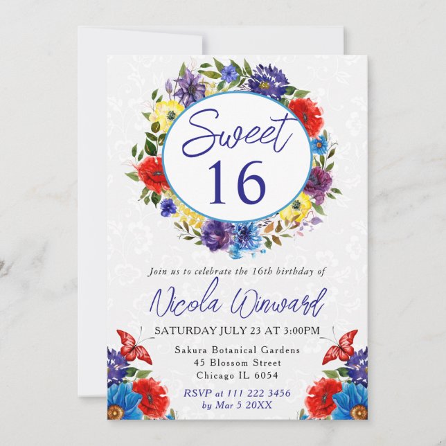 Vattenfärgad röd och blå sommarkrans 16 inbjudningar (Framsida)