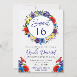 Vattenfärgad röd och blå sommarkrans 16 inbjudningar