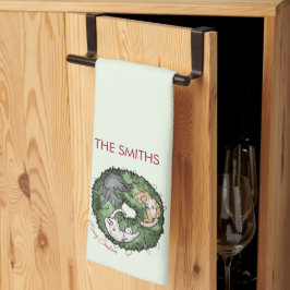 Vattenfärgad röd och grönt Kattjul Kökshandduk