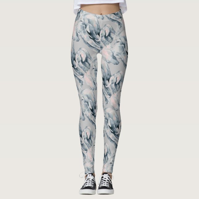 Vattenfärgad Roligt Elephant Family Cute Animal Ar Leggings (Framsida)