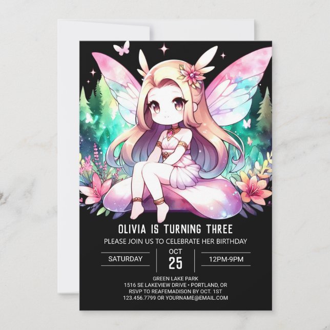 Vattenfärgad Roligt Fairy Birthday Inbjudningar (Framsida)