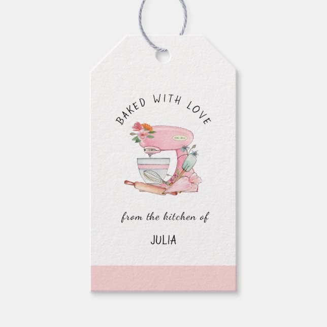 Vattenfärgad Rosa-blandare "bakad med kärlek" Presentetikett (Framsidan)