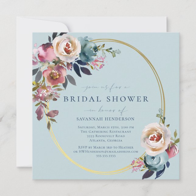 Vattenfärgad Rosa Blått Guld Blommigt Möhippa i Inbjudningar (Framsida)