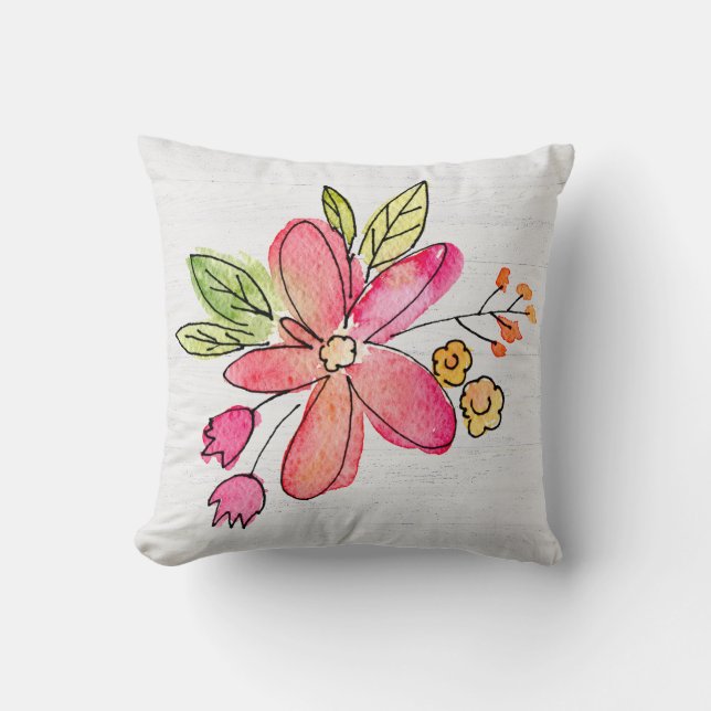 Vattenfärgad Rosa blomma på Whitewzed Wood Kudde (Framsida)