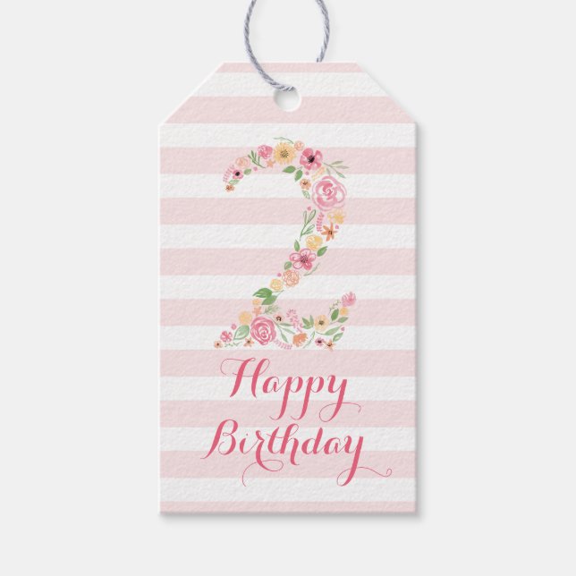 Vattenfärgad Rosa Blommigt 2:a födelsedag 2:a föde Presentetikett (Framsidan)