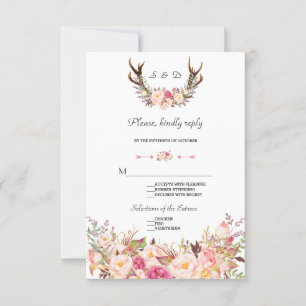 Vattenfärgad Rosa  Blommigt Antlers Bröllop OSA Kort