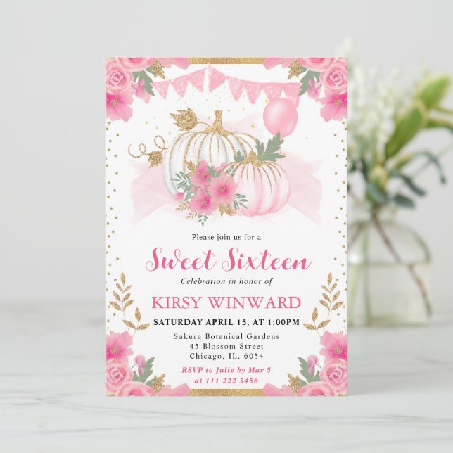 Vattenfärgad Rosa Blommigt  Fall Pumpkin Sweet 16 Inbjudningar (Stående Fram)