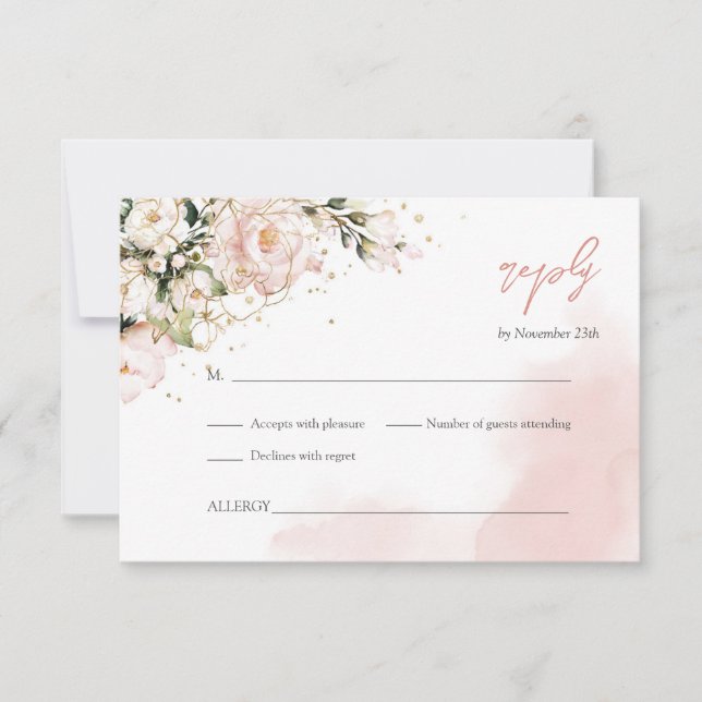 Vattenfärgad  rosa blommigt greenery boho guld OSA kort (Framsida)