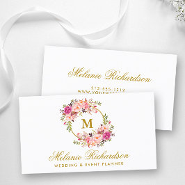 Vattenfärgad Rosa Blommigt Guld Monogram Visitkort