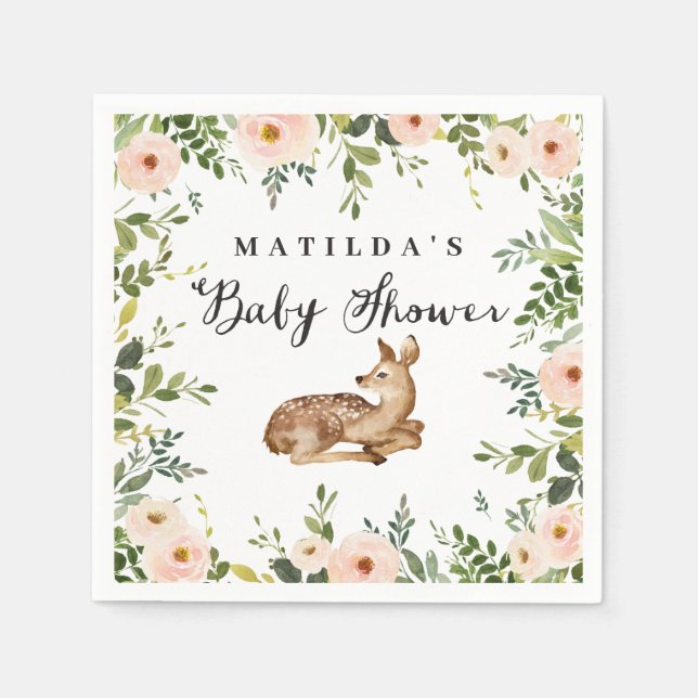 Vattenfärgad rosa blommigt hjort babydusch för  pappersservett (Framsidan)