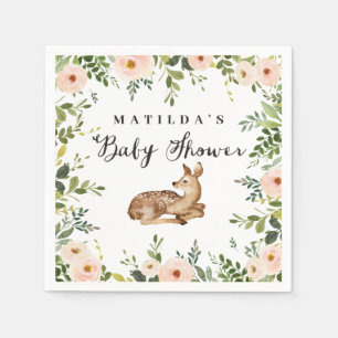 Vattenfärgad rosa blommigt hjort babydusch i skogs pappersservett