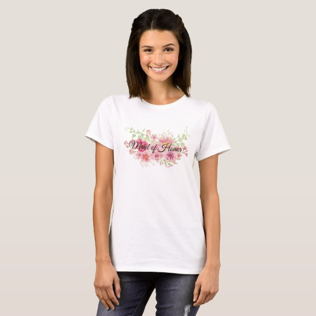 Vattenfärgad Rosa Blommigt T-Shirt (MAID OF HONOR) (Hel framsida)