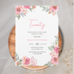 Vattenfärgad Rosa Blommigt Tjugo Boho Chic Birthda Inbjudningar