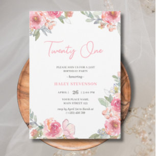 Vattenfärgad Rosa Blommigt Tjugoen Boho Birthday Inbjudningar
