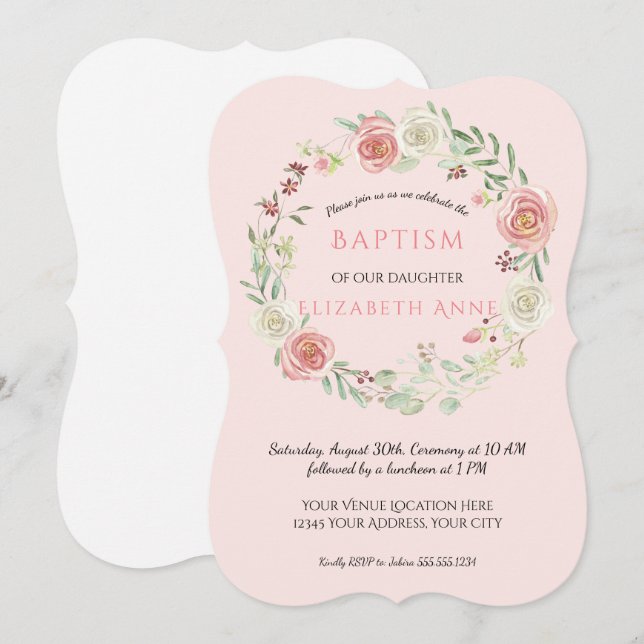 Vattenfärgad Rosa Blommigt Utandning Baptism Flick Inbjudningar (Fram/baksida)