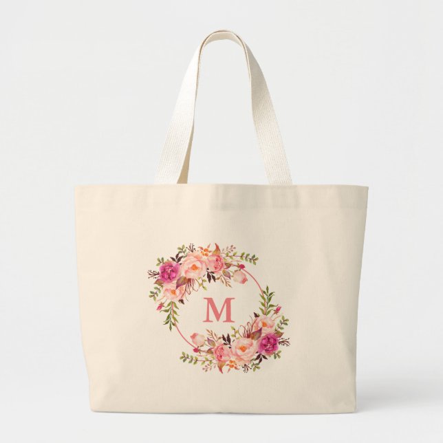 Vattenfärgad Rosa Blommigt Utandning Monogram Jumbo Tygkasse (Framsidan)