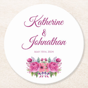 Vattenfärgad Rosa Blommor Bouquet-Papper Underlägg Papper Rund