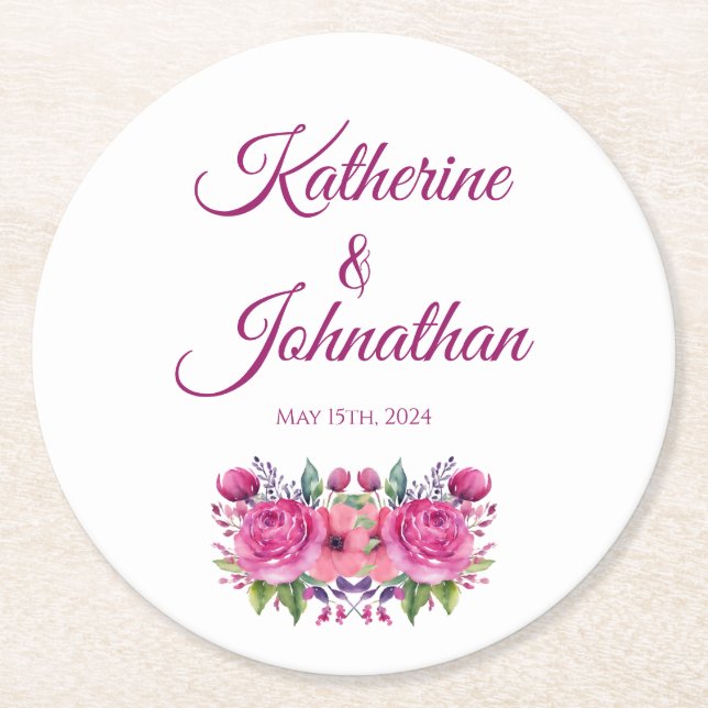 Vattenfärgad Rosa Blommor Bouquet-Papper Underlägg Papper Rund (Framsidan)