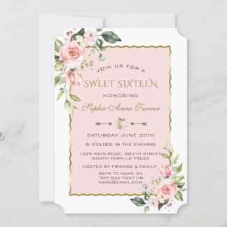 Vattenfärgad Rosa Blommor Guld Sweet 16 Inbjudningar