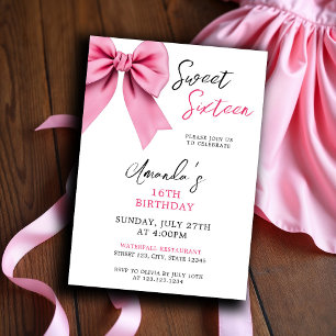 Vattenfärgad Rosa Bow Chic Sweet 16 Birthday Inbjudningar