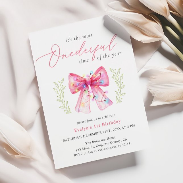 Vattenfärgad Rosa Bow Jul 1:a födelsedag Inbjudningar (Skapare uppladdad)