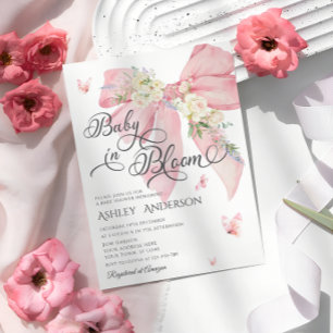 Vattenfärgad Rosa Bow Pastel Blommigt Baby Shower Inbjudningar