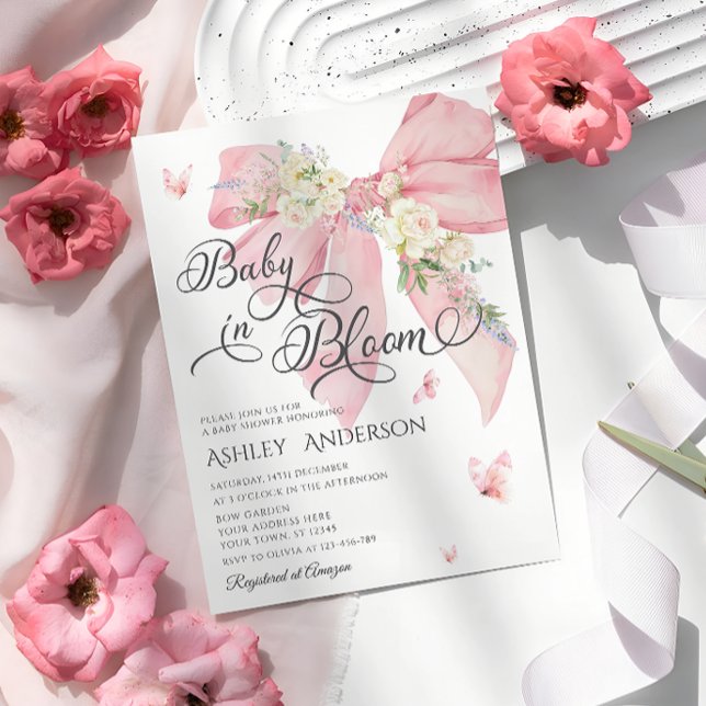 Vattenfärgad Rosa Bow Pastel Blommigt Baby Shower Inbjudningar (Skapare uppladdad)