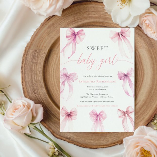 Vattenfärgad rosa coquette-bollar söt flicka inbjudningar (Skapare uppladdad)