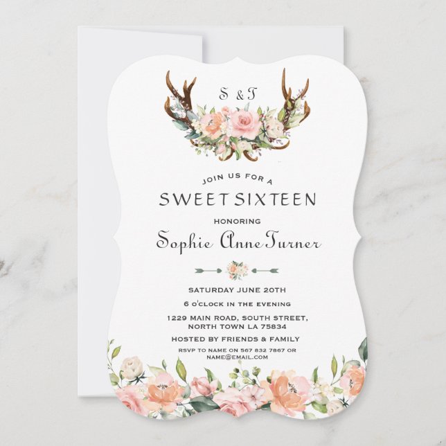 Vattenfärgad Rosa Cream Blommigt Antlers Sweet 16 Inbjudningar (Framsida)