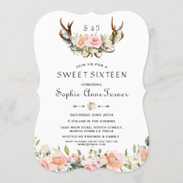 Vattenfärgad Rosa Cream Blommigt Antlers Sweet 16 Inbjudningar