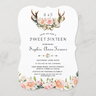 Vattenfärgad Rosa Cream Blommigt Antlers Sweet 16 Inbjudningar