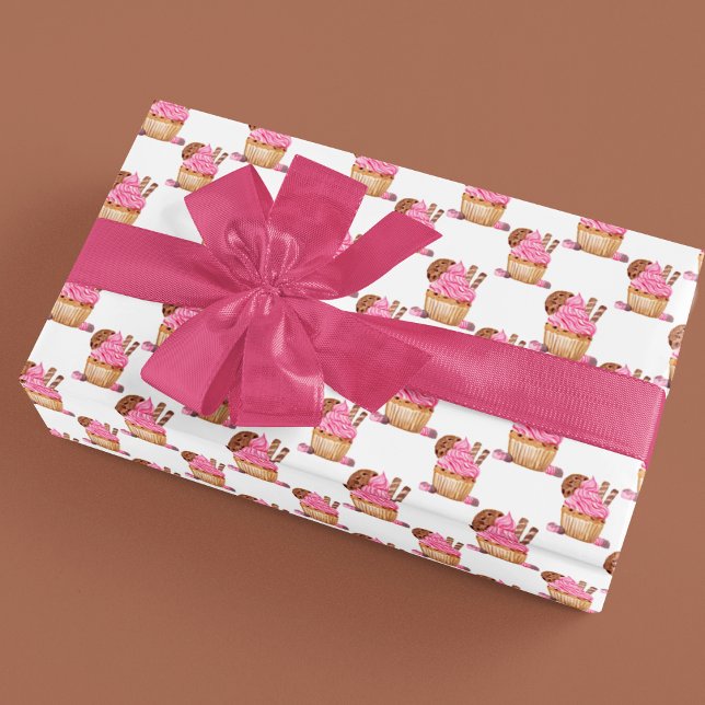 Vattenfärgad Rosa-cupkaka med choklad Mönster Presentpapper (Skapare uppladdad)