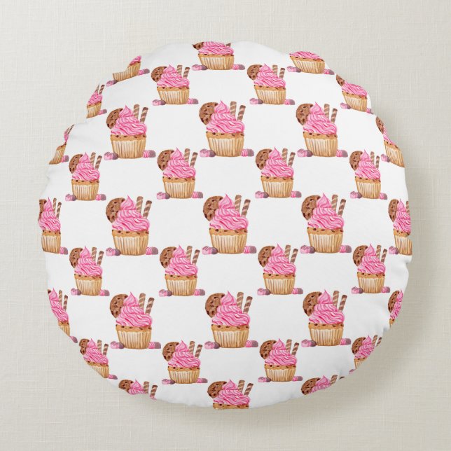 Vattenfärgad Rosa-cupkaka med choklad Mönster Rund Kudde (Framsidan)