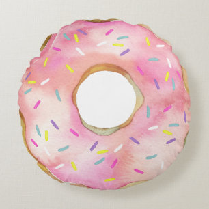 Vattenfärgad Rosa Donut Sprinkles Cute Doughnut Rund Kudde