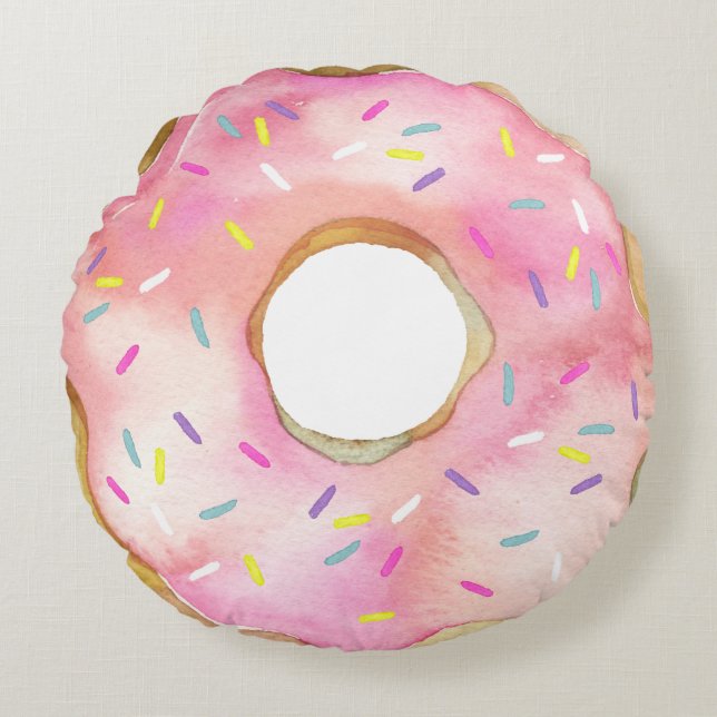 Vattenfärgad Rosa Donut Sprinkles Cute Doughnut Rund Kudde (Framsidan)