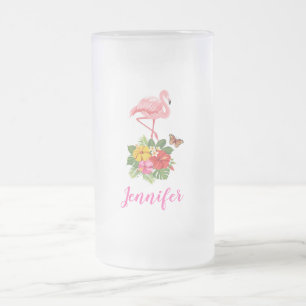 Vattenfärgad Rosa Flamingo med Hibiscus Flowers Frostat Ölglas