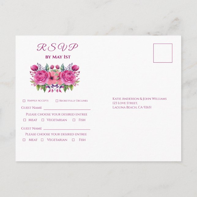 Vattenfärgad Rosa Flower Bouquet-Bröllop OSA- Inbjudan Vykort (Baksida)
