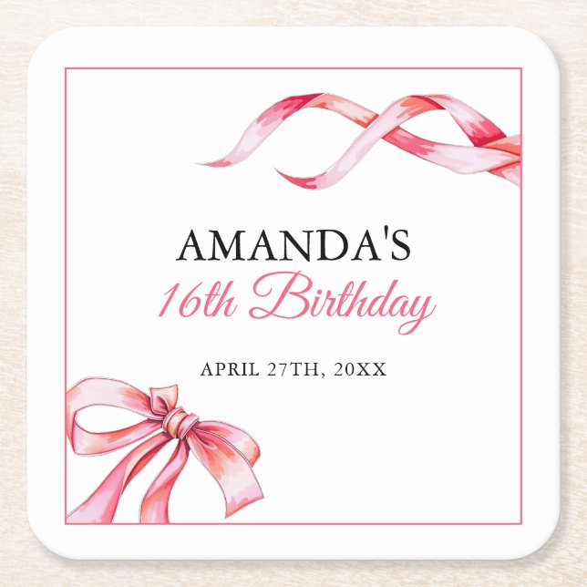 Vattenfärgad Rosa Fungande band Söt 16 födelsedaga Underlägg Papper Kvadrat (Framsidan)