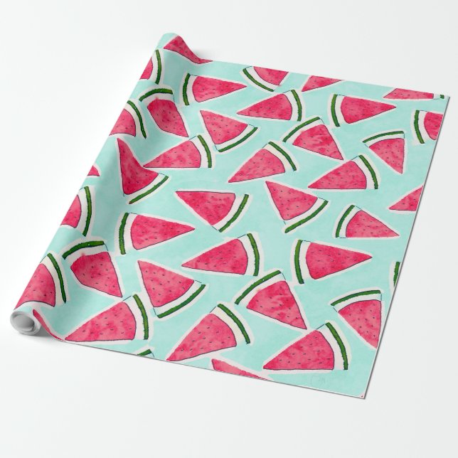 Vattenfärgad Rosa Grönt Watermelon Triangles Presentpapper (Utrullad)