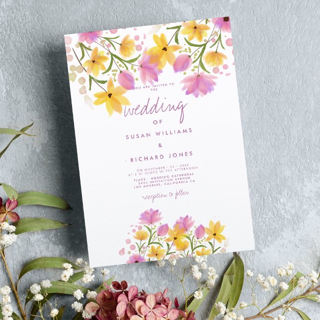 Vattenfärgad rosa gult blommigt bröllop inbjudningar (Botanical pink yellow watercolor floral wedding)