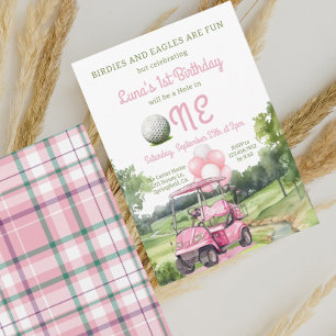 Vattenfärgad Rosa Hål i en golf 1:a födelsedag Inbjudningar