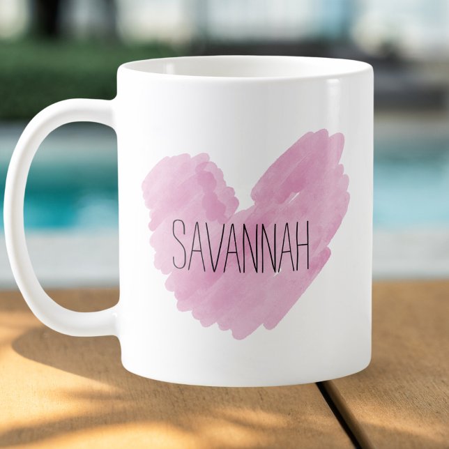 Vattenfärgad Rosa Heart Anpassade Namn Kaffemugg (Skapare uppladdad)