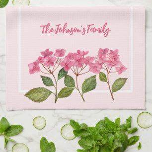 Vattenfärgad Rosa Hydrangea Lacecaps Illustration Kökshandduk