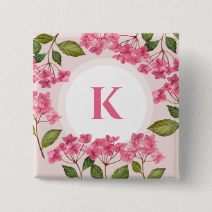 Vattenfärgad Rosa Hydrangea Lacecaps Monogram Knapp