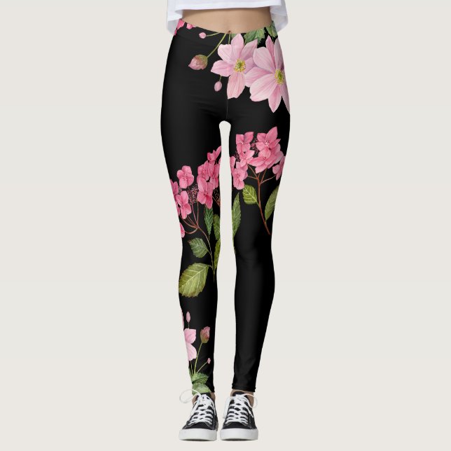 Vattenfärgad Rosa Hydrangea och japansk anemon Leggings (Framsida)