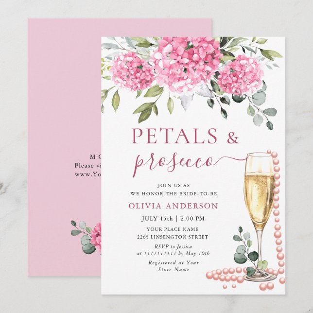 Vattenfärgad Rosa Hydrangea PETALS & Prosecco Inbjudningar (Fram/baksida)